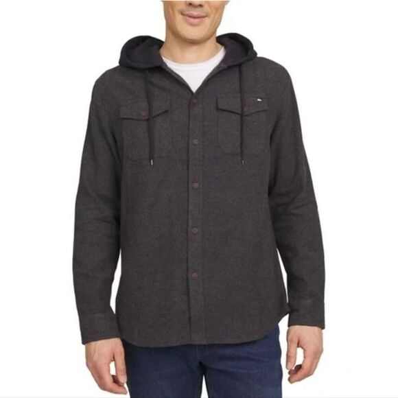 Quicksilver Dark Gray Cotton Flannel 90’s Button Up Hoodie - Men’s XL - Picture 1 of 9